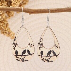 Large Teardrop Beige Dangle Earrings Black Birds on Branch Nature Leaves